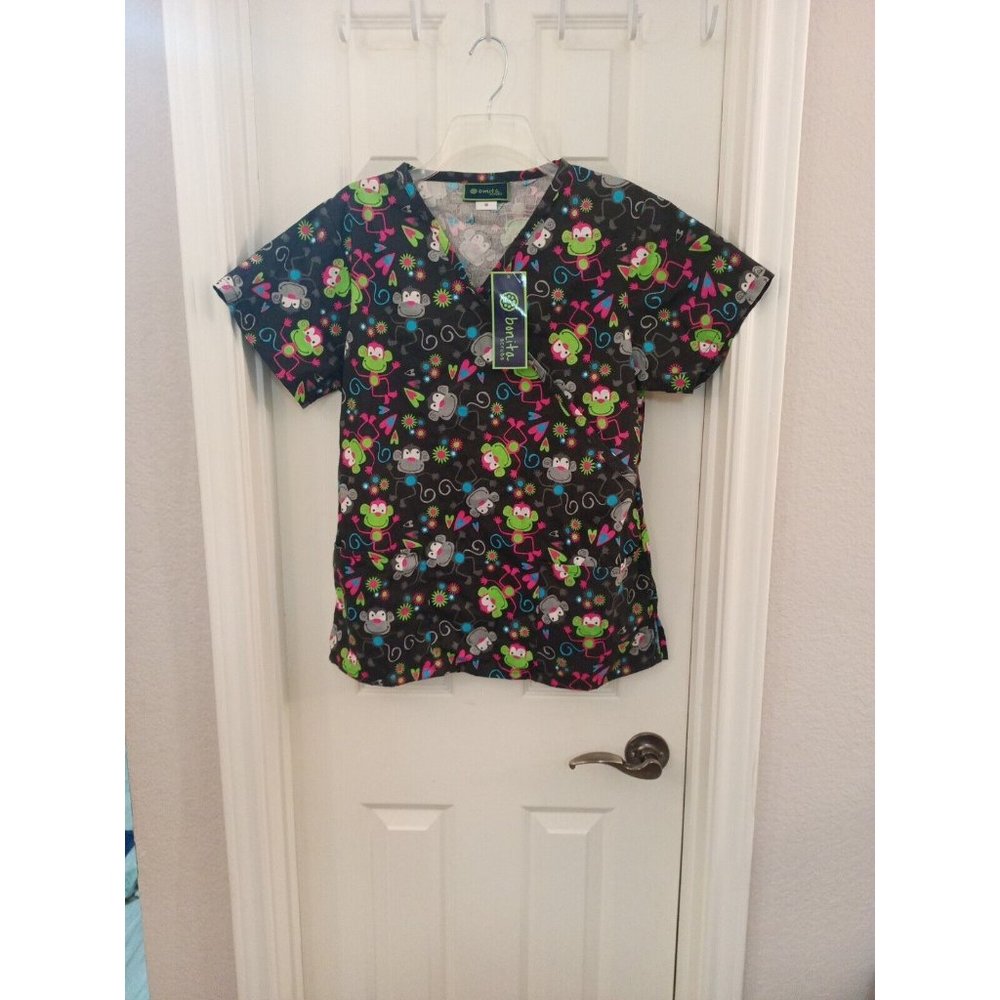 Nwt Women's Bonita Cute Monkey Print Scrub Top With Pockets Medium
